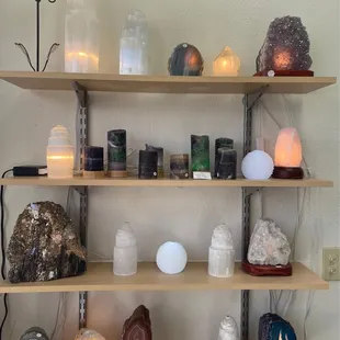 Aesthetic display of crystals and rocks.
