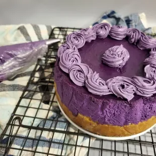 Filipino ube cheesecake with almond cookie and coconut crust