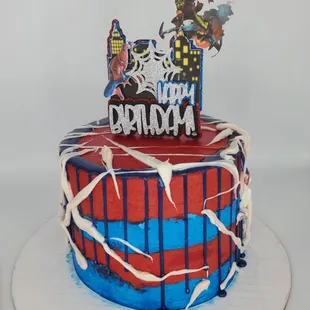 6" SPIDERMAN V. GREEN GOBLIN DRIP BUTTERCREAM CAKE WITH CUSTOM BIRTHDAY TOPPER