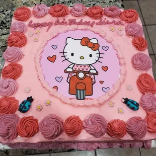 Hello Kitty Themed Vanilla Buttercream Square Cake w/ Custom Fondant Decor and Edible Image