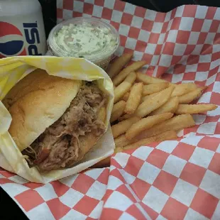 a pulled pork sandwich and french fries