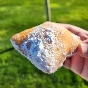 a hand holding a powdered sugared donut