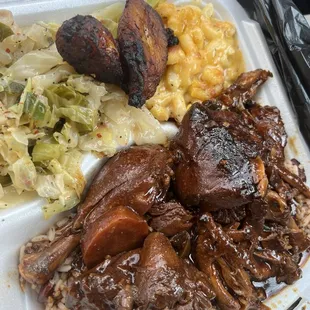 Stew chicken w/rice&amp;peas, cabbage and mac&amp;cheese