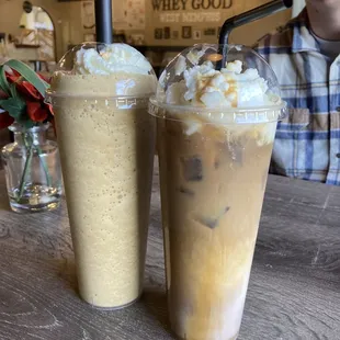 On the left medium carrot cake shake 8.5/10 On the right is a white chocolate caramel coffee with extra espresso shot 10/10