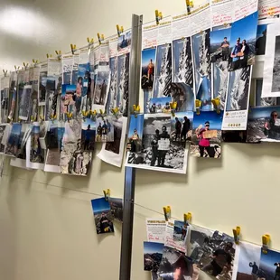 a bunch of pictures hanging on a wall