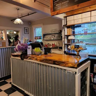 a counter in a bakery