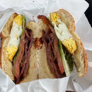 BLT with egg bagel on garlic Parmesan bagel.