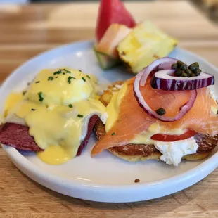 Irish and Salmon Eggs Benedict.