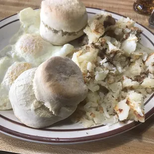 Eggs, biscuits and home fries.