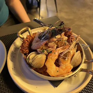 Seafood socarrat (paella with shrimp &amp; monkfish)