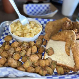 3 piece wing dinner w/ fish , fried okra and Mac and cheese