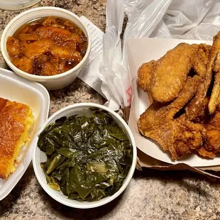 Fried chicken 6 Wings Dinner Platter with Mean Greens, Sweet Glazed Yams and Cornbread