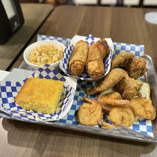 4 Shrimp and 2 Wings Platter, Cornbread, Cheezy Mac, Cheezy Mac and Shrimp Egg Rolls
