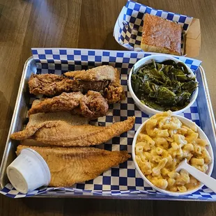 Wing . Tenders &amp; catfish plate  Mac &amp; cheese  Greens Cornbread