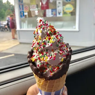 Grape ice cream in a dream waffle cone with sprinkles
