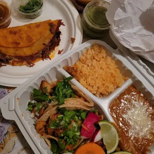 Taco plate, 2 bags of tortilla chips, and one quesabirria
