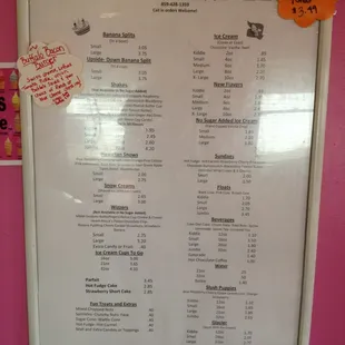 Ice cream menu
