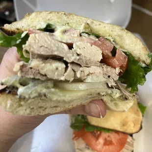Turkey, provolone, lettuce, tomato and pesto aioli on toasted ciabatta...DELICIOUS!