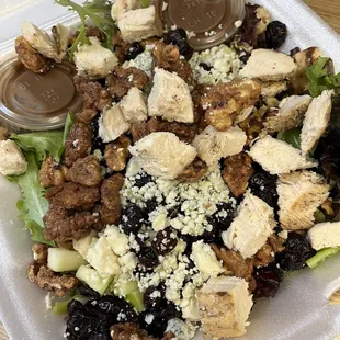 Build your own salad...mixed greens, candied pecans, apples, cranberries, blue cheese and add chicken