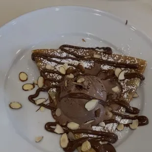 Nutella Crepe with chocolate ice cream and silvered almonds!