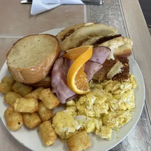 Full breakfast with ham &amp; pancakes