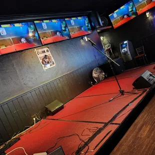 a recording studio with a red carpet