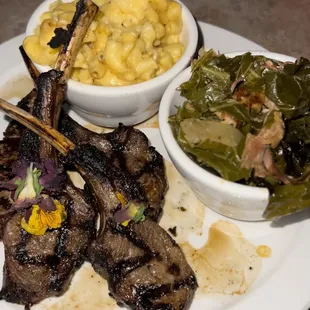 Lamb chops , Greens , Mac &amp; Cheese.