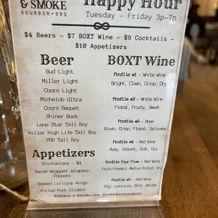 a menu for a happy hour