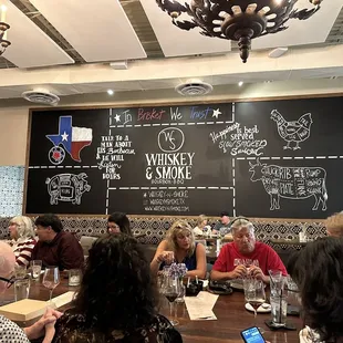 Feature wall in dining room, note the big party table is filled!