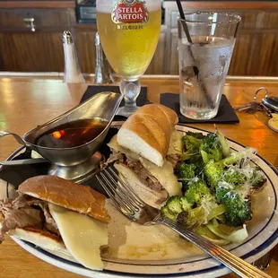 French dip, charred broccoli, Stella Artois