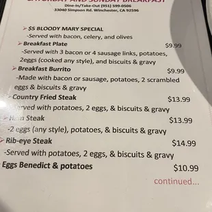Breakfast menu