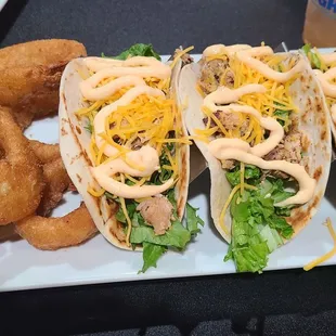 Shredded Chicken Tacos and Onion Rings were tasty