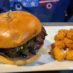 Juicy Burger and tots.