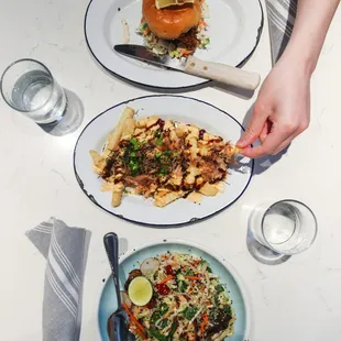 crispy fish sandwich, okonomiyaki fries, thai chicken salad