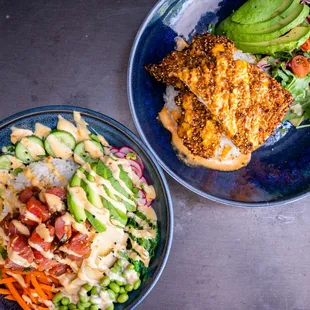 ahi tuna poke bowl and panko crusted chicken