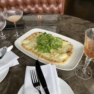 Cheese, truffle and watercress flatbread