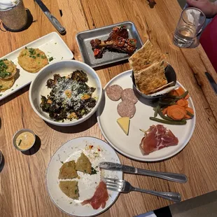 Snacks - fried green tomatoes, flash fried Brussels, duck wings, and butcher board