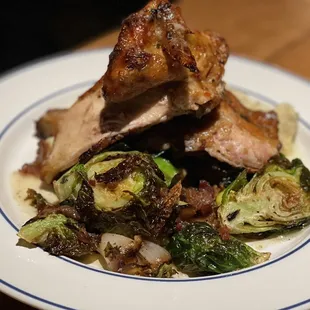 Roasted half chicken with Brussels sprouts and cauliflower mash