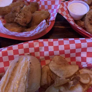 Cuban sandwich, wings, and onion rings