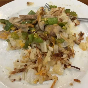 Loaded hash browns with all the veggie options and easy on the cheese (chose not to include meat)