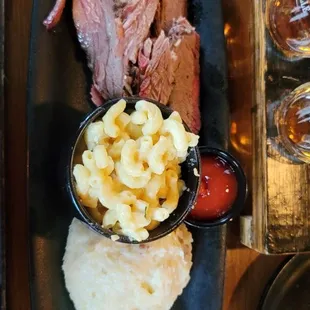Smoked brisket, Mac n cheese, mashed potatoes