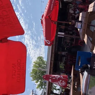 red umbrellas outside