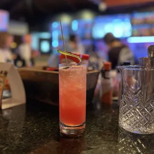 a drink on a bar counter