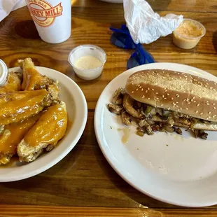 Whiskey gold wings, chicken Philly sandwhich.
