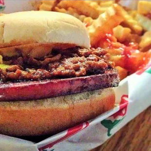 Killer fried bologna sandwich, "all the way" with mustard, chili, and slaw. It is my favorite sandwich at the Whiskey Mill!