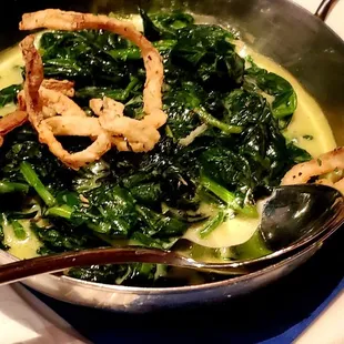 Creamed spinach sans frazzled onions that ended up on my wife&apos;s plate.