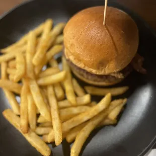 Whiskey Rae&apos;s burger with fries.
