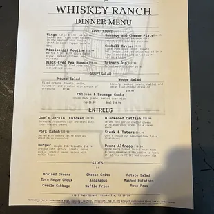 Dinner menu