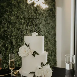 Cake setup in front of our greenery wall