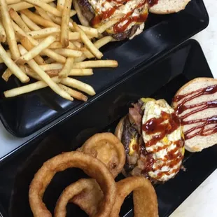 Two Whiskey River burgers with their Bourbon Sriracha (which is amazing).